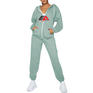 Pantalon de sport imprimé avec logo personnalisé de haute qualité Ensemble à capuche Couleur unie Survêtement pour femmes Décontracté Hiver Costume 2 pièces avec fermeture éclair - Product Image 1