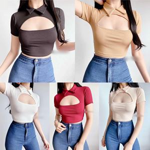 Camisetas de Manga Corta con Mangas Abullonadas de Seda/Algodón para Mujer, a la Moda y de Venta al Por Mayor, y Top Corto Sexy para Dama - Product Image 3