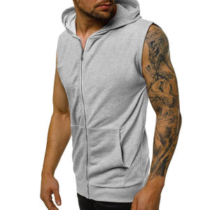 Hot Selling Customized Men's Winter Gym Wear Sleeveless Full Zip up Hoodie with Heavyweight Zipper Grey Colour Plain Dyed - Product Image 1