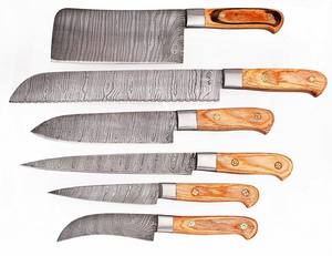 Ensemble de couteaux de cuisine en acier Damas de haute qualité, personnalisable, 6 pièces, lame à pointe tombante, manche en bois naturel/mosaïque/acier - Product Image 1