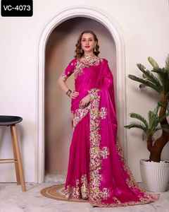 Las últimas mujeres usan seda pura Jimmi Cho con trabajo de bordado de secuencia de codificación y hermoso trabajo de borde de corte de arco Sari - Product Image 2