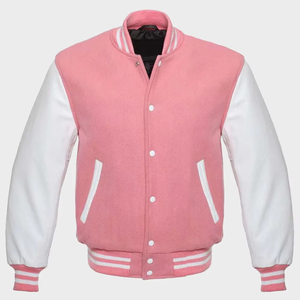 Chaqueta de béisbol con estampado transpirable y cremallera a prueba de viento de concha suave con mangas de cuero blanco de lana rosa para hombre de alta calidad - Product Image 6