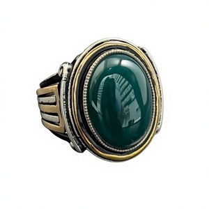 <b>Silver</b> Oval Green Agate Gemstone Men's <b>Ring</b> Handmade 925K Sterling <b>Silver</b> Greek Columns Motif 18K Plating Genuine Agate Stone - Product Image 1