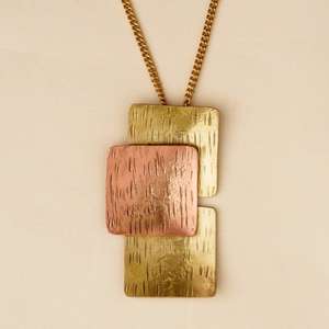 Modern Geometric Mixed Metal Pendant Necklace With Hammered Copper And Brass Squares Layered Design Contemporary Fashion - Product Image 5