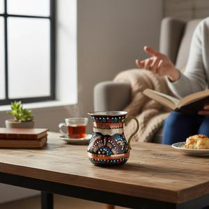 <b>Copper</b> Enamel Work Modern Design Jug and Cup Gbekli Tepe Inspired Metal Drinkware with <b>Handle</b> for Gifts and Restaurant Use - Product Image 1