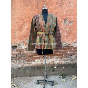 Veste en coton indien avec ceinture, Style Vintage Kantha, unisexe, imprimé Ajrakh, manteau d'hiver bohème, vente en gros - Product Image 4