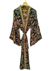 Bata de seda hasta el tobillo Bata multicolor Ropa de noche Bata India Vintage Seda reciclada Sari Kimono, - Product Image 2