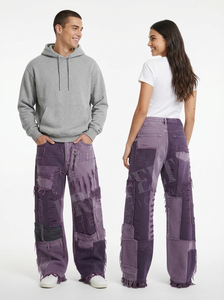 Pantalons cargo en jean patchwork tendance, délavés, pour femmes, jambe large, streetwear, vente en gros, sur mesure, OEM ODM - Product Image 5