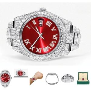 นาฬิกาสแตนเลสสตีลประดับเพชรโมอิสซาไนต์ VVS1 หน้าปัดสีแดงหรูหรา ตัวเลขโรมัน แสดงวันที่ ราคาขายส่งจากผู้ผลิตและผู้จัดจำหน่าย - Product Image 6