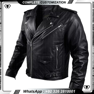 High Quality Men's Casual Stand Collar Cow <b>Skin</b> Motorcycle Leather Jacket with Zipper Pockets - Product Image 4