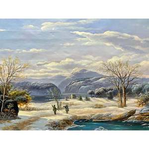 Dipinti a Olio 100% Fatti a Mano 23,5x35,5 Pollici, Paesaggio Classico con Fiume Innevato per Decorazione Soggiorno, Supporto in Carta - Product Image 1
