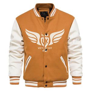Custom <b>Mens</b> Brown & <b>White</b> Varsity <b>Jacket</b> Victory Letterman Baseball Bomber Coat And Stand Collar Front Custom Logo - Product Image 1