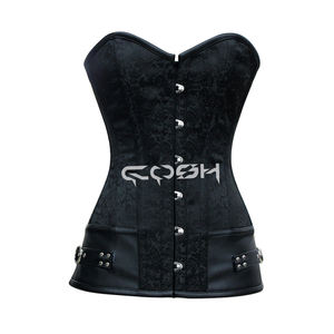Corset noir en brocart pour femme, avec baleines en acier, style overbust, pour soirée, avec fermeture éclair argentée - Product Image 4