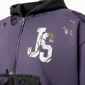 Premium 360 GSM cotton fleece <b>zipper</b> hoodie distressed wash purple black tone <b>heavy</b> <b>duty</b> print custom logo Basics <b>Zipper</b> Hoodie - Product Image 6