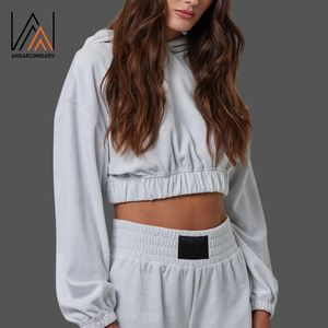 Women's Oversized Drop Shoulder Cropped <b>Hoodie</b> Custom Embroidered Private Label Pullover Wholesale Silk <b>Sherpa</b> Fleece Streetwear - Product Image 2