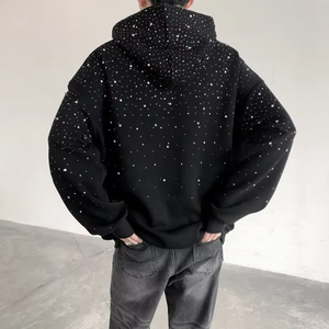 Sweat-shirt à capuche zippé en polaire respirant noir pour homme, imprimé ailes d'ange en strass, style décontracté, streetwear d'hiver - Product Image 3