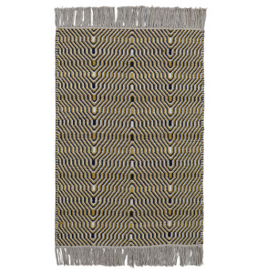 Boho Chic jaune moutarde bleu marine blanc moderne géométrique diamant réversible tissé à la main texturé jute coton épais tapis 0.6-1 po. - Product Image 1