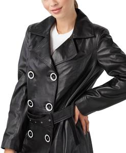 Abrigo Largo de Mujer con Cinturón de Cuero Genuino de Piel de Cordero, Color Negro, Botones Estilizados hasta la Rodilla, Cuello de Piel Sintética de Zorro - Product Image 6