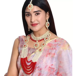 Ensemble de collier de mariée avec diamant rouge, plaqué or, en cuivre et laiton, bijoux fins pour mariage ou cadeau - Product Image 1
