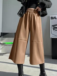 Original pantalon en cuir femmes automne hiver 2025 nouveau décontracté élastique taille haute jambe large poche pantalon noir kaki - Product Image 2