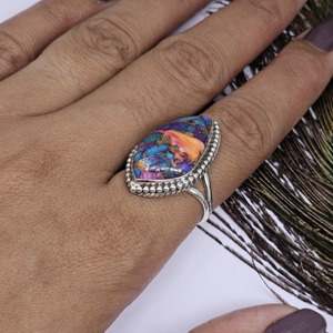 Anillo de joyería bohemio turquesa de cobre de ostra para mujer, anillo de plata de ley llamativo con piedra de corte ovalado para bodas - Product Image 1
