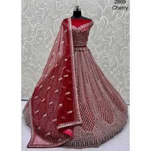 Designer de couleur cerise Lehenga Choli pour les fêtes Motif de chemisier tendance accrocheur Couture standard Attaché Cancan Canvas - Product Image 1