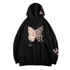 เสื้อฮู้ดปักลายผีเสื้อผู้ชาย สีดำ เสื้อสเวตเชิ้ตพิมพ์ลายดอกไม้ สตรีทแวร์ แฟชั่นลำลอง ผ้าฝ้ายขนแกะ รับผลิตตามสั่ง ขายส่ง OEM - Product Image 1