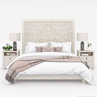 Ensemble de meubles de chambre d'hôtel de luxe moderne, tête de lit haute en teck sculpté à la main, tables de chevet, finition blanchie et vieillie, écologique