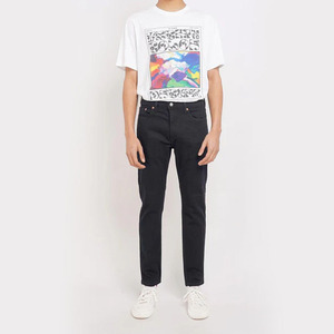 กางเกงยีนส์สีดำทรงตรงเข้ารูปสำหรับผู้ชายกางเกงผ้ายืดเอวสูงปานกลางแนวสตรีทลำลองพร้อมโลโก้ที่กำหนดเอง - Product Image 5