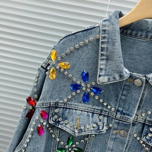 Fleurs arc-en-ciel diamants perles Denim veste Floral brodé printemps strass jean manteau cristal Rivets Cowboy Cardigan hauts - Product Image 4