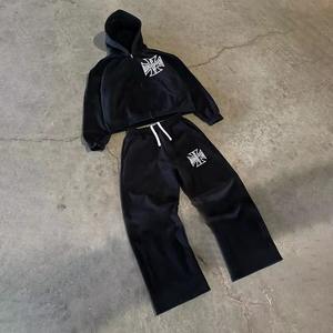 Conjunto de dos piezas con estampado DTG de talla grande, chándal con capucha y pantalones de chándal holgados con cremallera personalizados para hombre, lavado con ácido vintage - Product Image 2