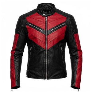 Chaqueta de motorista de piel de cordero genuino para hombre, chaqueta de motocicleta negra y roja con hombros acolchados, chaqueta de cuero de estilo Vintage - Product Image 1