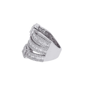 14K White Gold Rhodium Plated Multi-Row Crossover Baguette & Round Natural Diamond <b>Statement</b> <b>Ring</b> with Dual Square Accents - Product Image 2