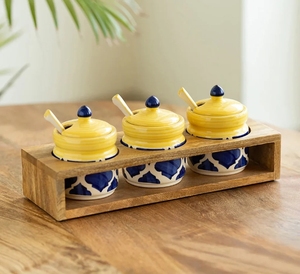 <b>Moroccan</b> Hand-Painted Ceramic Pickle & Chutney Jar Set With Spoons & Wooden Holder Non Air-Tight Set Of 3 Ceramic Condiment Pot - Product Image 2