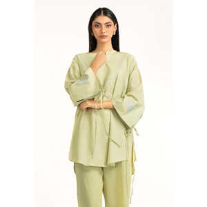 Conjunto de Dos Piezas con Bordado Ondulado Verde Claro, Tela Crepé Informal, Sin Cuello, con Mangas Tres Cuartos para Primavera/Verano - Product Image 1