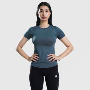 W024 Short Sleeves Slim Fit <b>Crop</b> <b>Top</b> Women's Knitted Workout T-Shirt <b>with</b> <b>Rhinestone</b> Decoration Available Grey Sizes XS XXS XL - Product Image 1