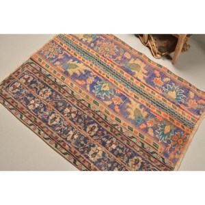 Vintage Turkish Rug Ethnic Blue Beige 3.1x3.9ft Classic Patchwork Design Flat Weave Wool for Living Room Decorations - Product Image 4