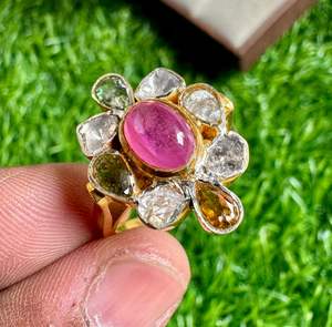 Anillo de Cóctel con Incrustaciones de Turmalina Multicolor y Diamantes Polki en Plata de Ley 925, Chapado en Oro - Product Image 3