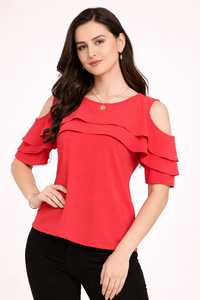 Shoryam Fashion <b>Womens</b> Pink <b>Cold</b> <b>Shoulder</b> Ruffle <b>Top</b> Stylish Formal Solid Designer Crepe Quick Dry T-Shirt | Export Quality - Product Image 4