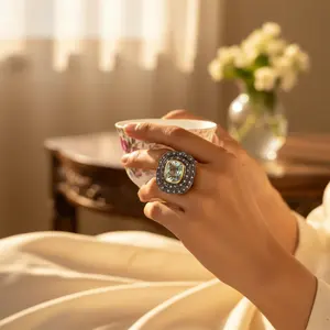 แหวนทองชุบสำหรับผู้หญิง ประดับพลอยบลูโทแพซ ดีไซน์ทันสมัย เหมาะสำหรับใส่ทุกวัน โดดเด่นด้วยเทคโนโลยีการฝังแบบเรขาคณิต รูปหัวใจ ตัวเลข และลวดลายศาสนา - Product Image 1