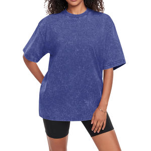 Camiseta de manga corta con cuello redondo Vintage de gran tamaño desgastada lavada con ácido de algodón 100% de alta calidad para mujer transpirable personalizada - Product Image 3
