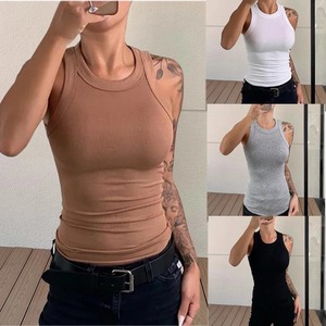 Camiseta sin mangas acanalada con cuello redondo liso para mujer, camisetas sin mangas elásticas básicas de verano, camisola elegante, camiseta interior sin mangas, Tops - Product Image 1