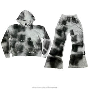 Fabricación personalizada Boxy Fit Oversized Vintage ácido sucio lavado desgastado Zip Hoodie Baggy Raw Hem 2 piezas Flare chándal - Product Image 5