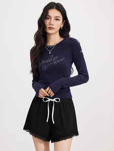 <b>Women</b> High Waist Ribbed Knit Lace Trim Elastic Waist Breathable Quick Dry Spandex/Polyester Homewear Sleep Casual <b>Shorts</b> - Product Image 2