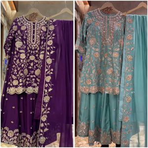Bordado de secuencia de boda pakistaní indio, trabajo púrpura, azul cielo, Top y Plazzo con Duptta, conjunto exclusivo, ropa elegante para mujer y Niña - Product Image 1