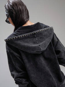 Sweat à capuche en coton polaire à double fermeture éclair pour femme Sweat-shirt coupe courte Rhinestone Distress Acid Washed Drop Shoulder Hoodie - Product Image 3