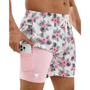 กางเกงขาสั้น2 in 1สำหรับผู้ชายกางเกงขาสั้นสองชั้นเอวรูดได้พิมพ์ลายดอกไม้ตามความต้องการของลูกค้า - Product Image 1