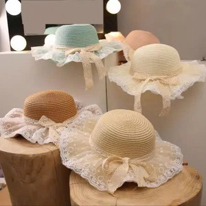 Girls Straw Hat with Wave Brim Ribbon Lace Adjustable <b>Headband</b> 52cm Summer <b>Beach</b> Sun Hat with Matching Bag - Product Image 4