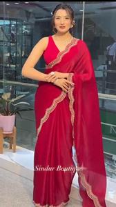 ส่าหรีผ้าไหมแท้ปักลายส่าหรีจากอินเดียพร้อมดีไซน์เนอร์เสื้อเบลาส์สำหรับสตรีชาติพันธุ์สวมใส่พร้อมสำหรับงานแต่งงาน - Product Image 3