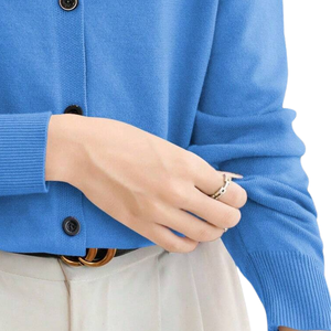 Women Solid Blue Knit <b>Cardigan</b> <b>Sweater</b> Long Sleeve Button Front Round Neck Casual Simple Spring Fashion Top Office Daily Wear - Product Image 5